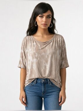 Revolve LA Made Womens XS Tie‎ Dye Top Brown Open Draped Back 3/4 Sleeves NWT